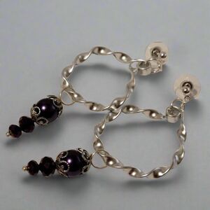 Handmade Twisted Hoop Earrings /w Purple Bead Dangles  Artisan Statement Jewelry